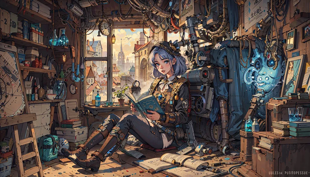 The image is a steampunk-themed illustration of a girl reading a book in a cluttered workshop. The girl is sitting on a wooden stool in the center of the image, wearing a blue vest and brown pants. She has short blue hair. The workshop is filled with all sorts of steampunk gadgets and gizmos. There are shelves lined with books and potions, a large window, and a desk covered in papers and tools. The image has a warm and inviting atmosphere, and it is clear that the girl is enjoying her time reading in the workshop.