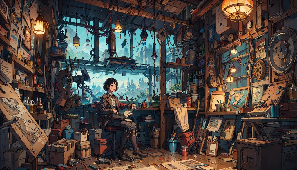 The image shows a cluttered workshop with a large window looking out onto a city. There are many steampunk gadgets and gizmos on the walls and shelves. A woman is sitting in a chair in the center of the room, reading a book. She is wearing a brown jacket and a white shirt. There are many papers and books scattered on the floor.