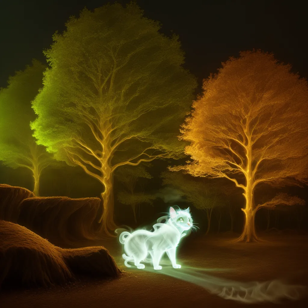 The image is a digital painting of a cat in a forest. The cat is white and glowing, and it is standing in a clearing surrounded by tall trees. The trees are bare, and their branches are reaching out towards the cat. The ground is covered in a thick layer of leaves, and there is a large rock in the background. The sky is dark, and there are no stars or moon visible. The only light comes from the cat's glowing fur. The image is both beautiful and eerie, and it captures the sense of mystery and wonder that can be found in the natural world.