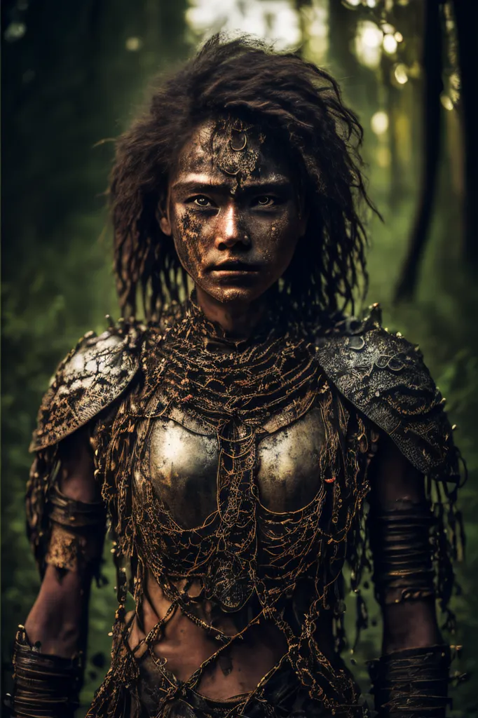 This image shows a woman standing in a dark forest. She is wearing a metal breastplate and a necklace made of rope. She has dark hair and brown eyes, and her face is painted with blue and white stripes. She is looking at the viewer with a fierce expression.