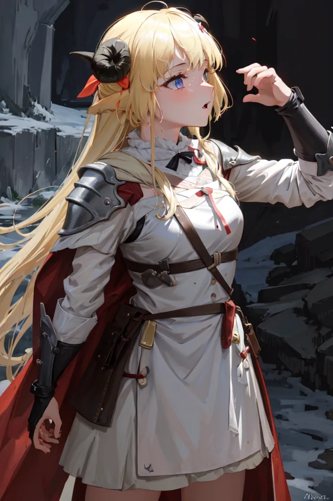 The picture shows a girl with long blond hair and blue eyes. She has horns on her head and is wearing a white dress with a red cape. She is also wearing brown boots and has a sword on her hip. She is standing in a dark place with a stone wall behind her.