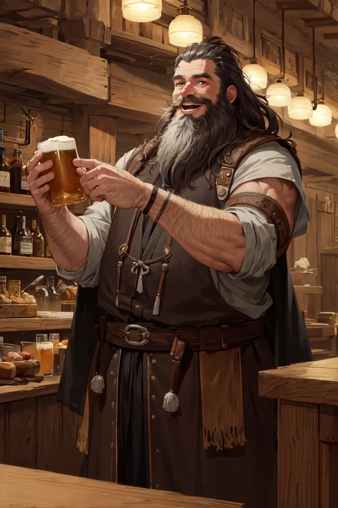 L'image montre un nain mâle debout dans une taverne, tenant une chope de bière dans sa main droite. Il a de longs cheveux bruns et une barbe, et porte un gilet marron et une chemise blanche. Il a une expression amicale sur le visage et semble apprécier sa boisson. La taverne est en bois et a une atmosphère chaleureuse et accueillante. Il y a plusieurs étagères remplies de différents biens et un comptoir où le nain se tient.