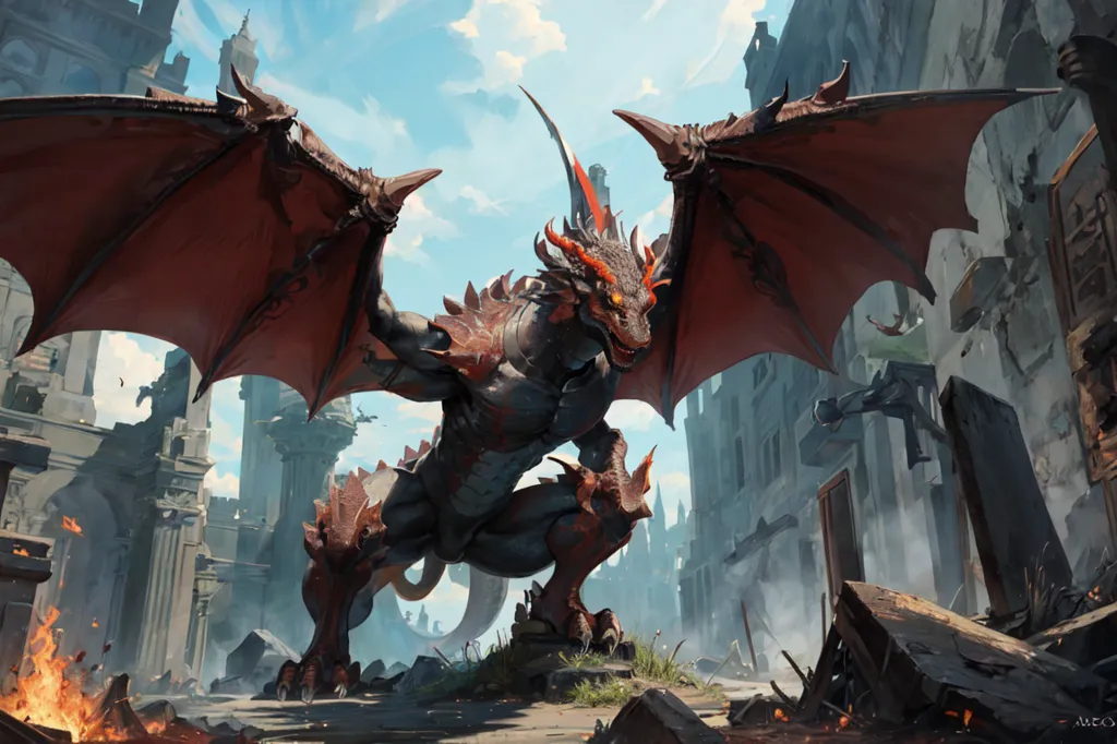 The image is a digital painting of a black and red dragon standing in a ruined city. The dragon is in the foreground, and it is looking at the viewer. It has its wings spread out, and its tail is curled up behind it. The city is in the background, and it is in ruins. There are broken buildings and rubble everywhere. The sky is blue, and there are clouds in the distance.