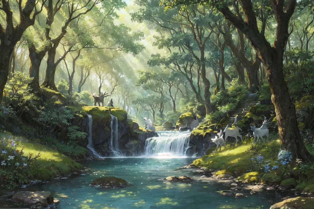 The image is a digital painting of a forest. The forest is full of tall, green trees and a blue river running through it. There is a small waterfall in the river, and the banks of the river are covered in moss and flowers. There are also several deer standing in the river and on the banks. The sun is shining through the trees, and the overall effect is one of peace and tranquility.