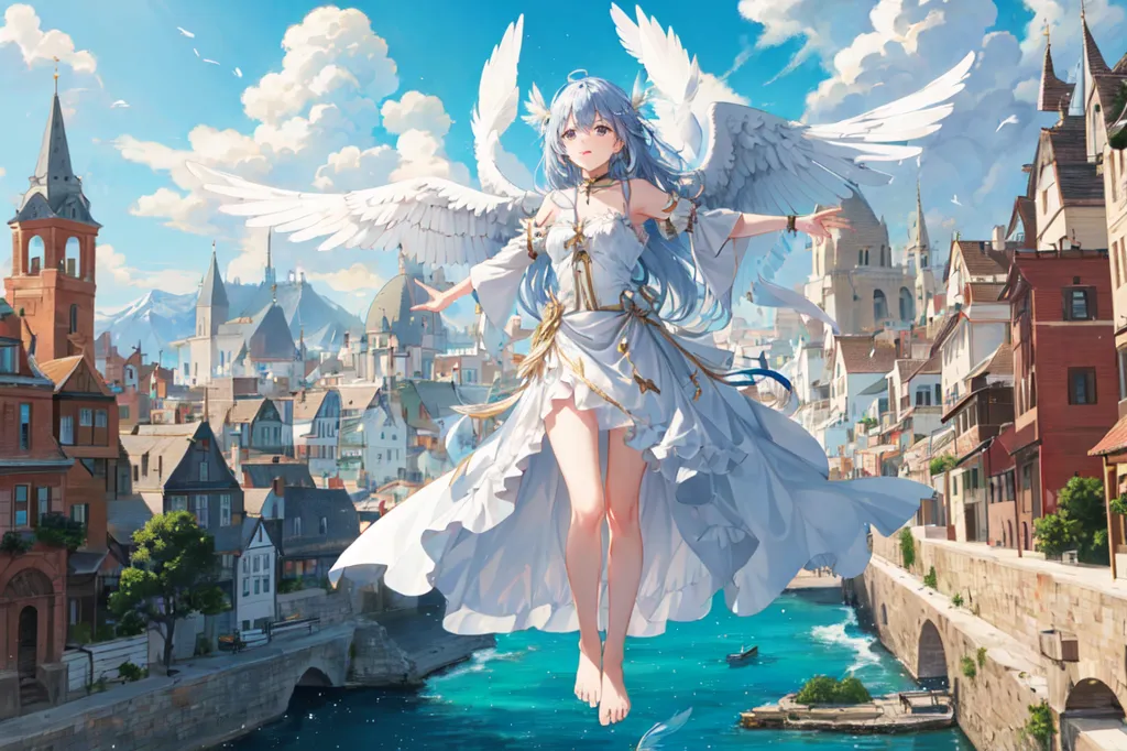 La imagen es de un ángel de estilo anime con cabello blanco largo y ojos azules. Ella está usando un vestido blanco con un cinturón dorado y tiene grandes alas blancas. Ella está volando sobre una ciudad con un río que la atraviesa. La ciudad está compuesta de edificios altos con techos rojos y hay montañas en el fondo. El ángel está sonriendo y tiene los brazos extendidos.