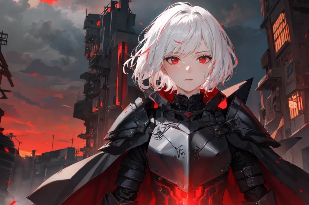 L'image représente une fille de style anime aux cheveux blancs et aux yeux rouges. Elle porte une combinaison noire et rouge avec des détails ressemblant à de l'armure. Elle se tient debout dans une ville en ruines avec un grand bâtiment en arrière-plan. Le ciel est sombre et il y a des nuages rouges.