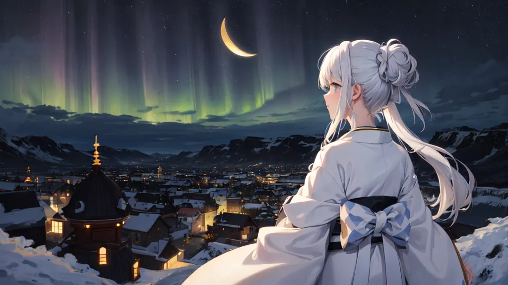 The image is a beautiful winter scene. A girl with long white hair is standing on a snowy hill, looking out over a town. The sky is dark, and there is a crescent moon in the sky. The town is lit up by the lights from the houses and shops. There is a beautiful aurora in the sky. The girl is wearing a kimono with a blue and white sash. Her hair is done up in a bun, and she has a small smile on her face. The image is peaceful and serene, and it captures the beauty of the winter season.