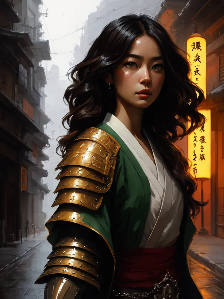 The image shows a young woman standing in a street with traditional chinese architecture. She is wearing a green kimono with golden shoulder pads and a red obi. She has long black hair and brown eyes. She is looking at the viewer with a serious expression.