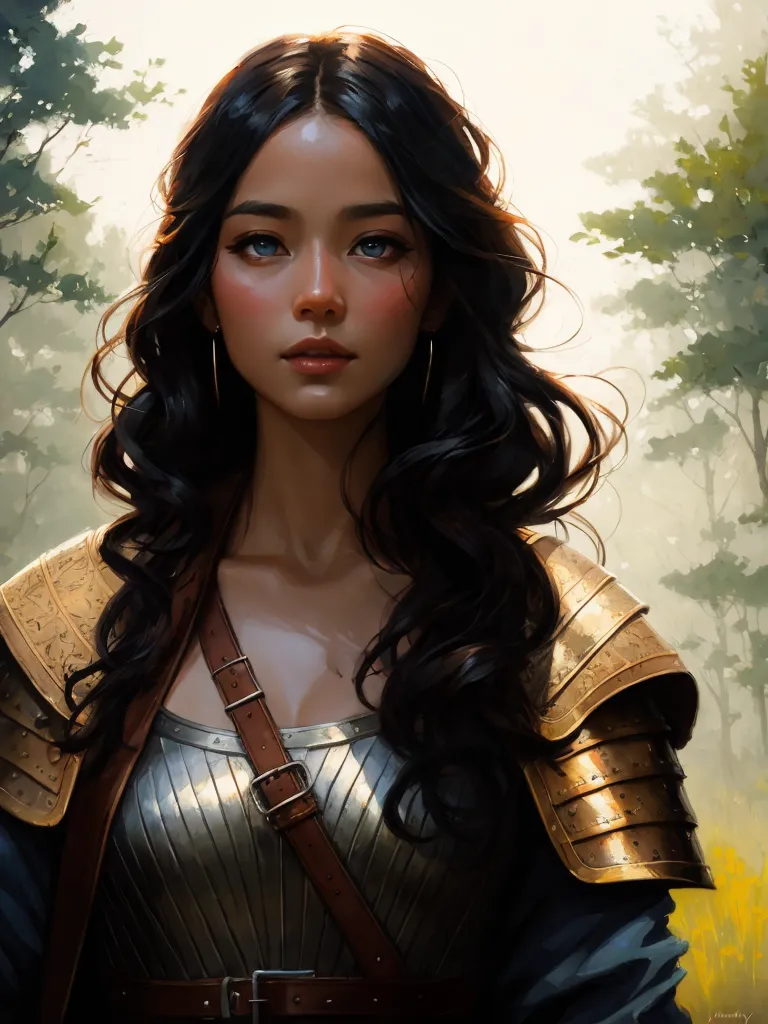 This is an image of a beautiful young woman with long, dark hair and blue eyes. She is wearing a silver breastplate with brown leather straps and gold shoulder pads. She is also wearing a brown belt with a gold buckle. The background is a blur of trees and leaves.