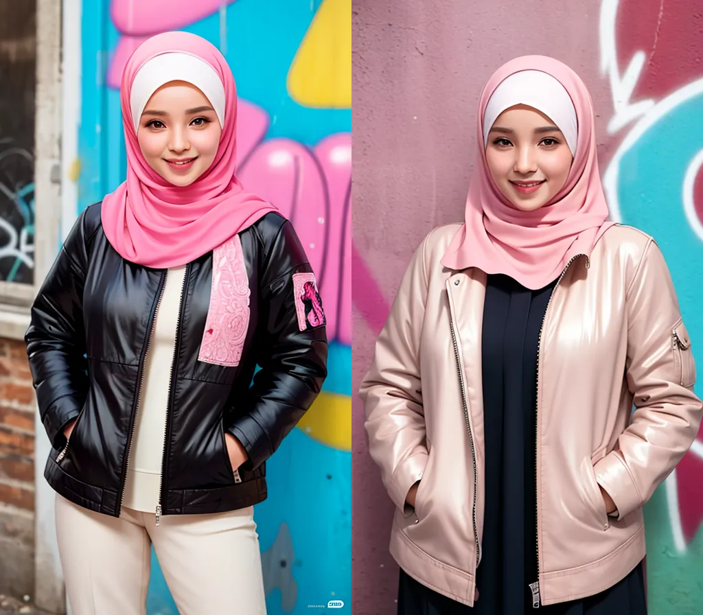 La imagen muestra a una mujer joven que lleva un hiyab. Lleva una chaqueta de cuero negro. La chaqueta tiene una bufanda rosa sujeta al cuello. También lleva una camisa blanca. La mujer está sonriendo. Tiene ojos marrones y cabello negro largo. El fondo de la imagen es una pared colorida. Hay graffiti en la pared. La mujer está de pie frente a la pared.