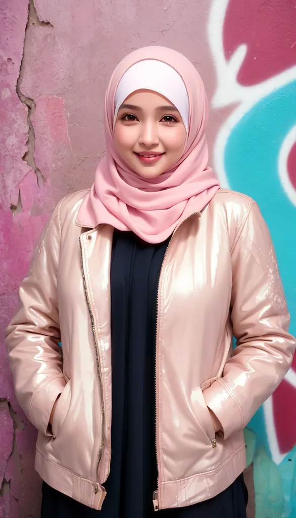 The photo shows a young woman wearing a pink hijab and a matching pink jacket. She is smiling at the camera. The background is a pink wall with graffiti on it.