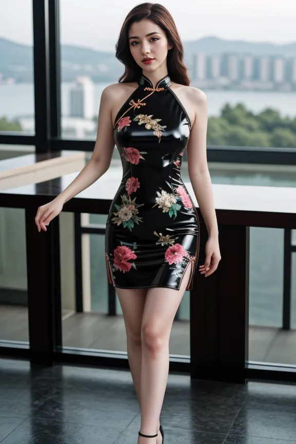 This is a photo of a woman wearing a cheongsam. The cheongsam is a traditional Chinese dress that is typically made of silk or other luxurious fabrics. It is fitted to the body and has a high collar. The cheongsam is often worn with a slit on the side or back. The woman in the photo is wearing a black cheongsam with a floral pattern. She is also wearing black high heels. Her hair is long and black and she is wearing light makeup.