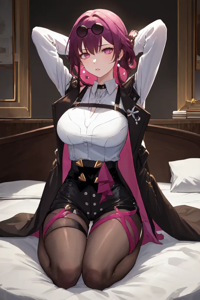 The image depicts an anime-style girl with pink hair and purple eyes. She is wearing a white dress shirt, black shorts, and a black jacket with pink accents. She is also wearing glasses and has a pink bow in her hair. She is sitting on a bed and has her hands behind her head.