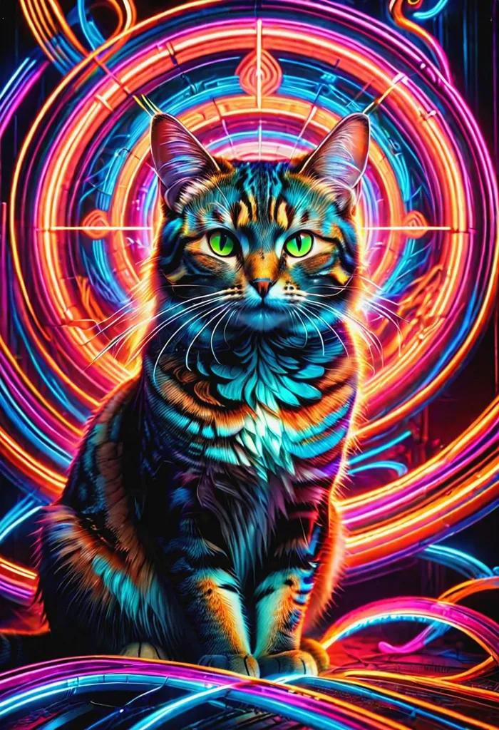 The image is a digital painting of a cat. The cat is sitting in front of a colorful background. The cat is illuminated by a bright light, which is creating a rainbow of colors around it. The cat's fur is also very colorful, with shades of blue, green, yellow, and orange. The cat's eyes are a bright green, and they seem to be staring at the viewer. The image is very psychedelic and has a dreamlike quality to it.