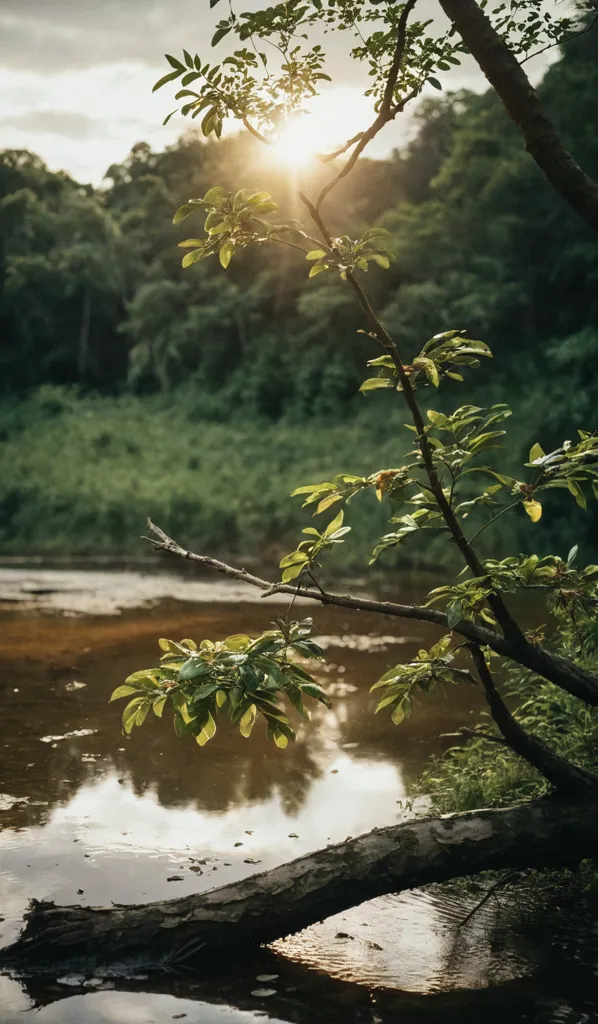 The sun shines through the green leaves of a tree. The leaves are reflected in the still water below. A tree trunk lies in the foreground, half-submerged in the water. The sun is setting behind the trees, casting a warm glow over the scene.