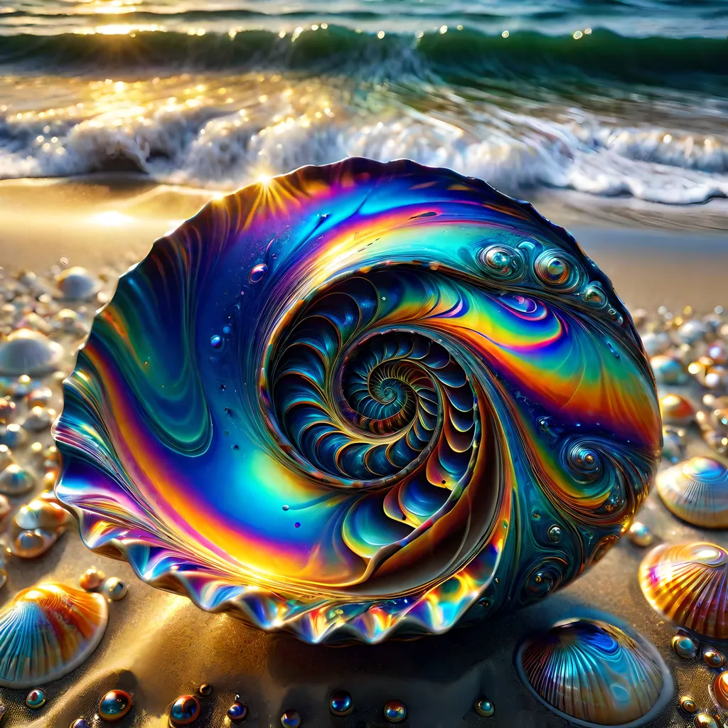 The image is a close-up of a colorful seashell on the beach. The shell is iridescent and reflects the light of the sun. The waves are crashing in the background and the sand is wet. There are other shells scattered around the foreground. The image is very beautiful and captures the beauty of the natural world.