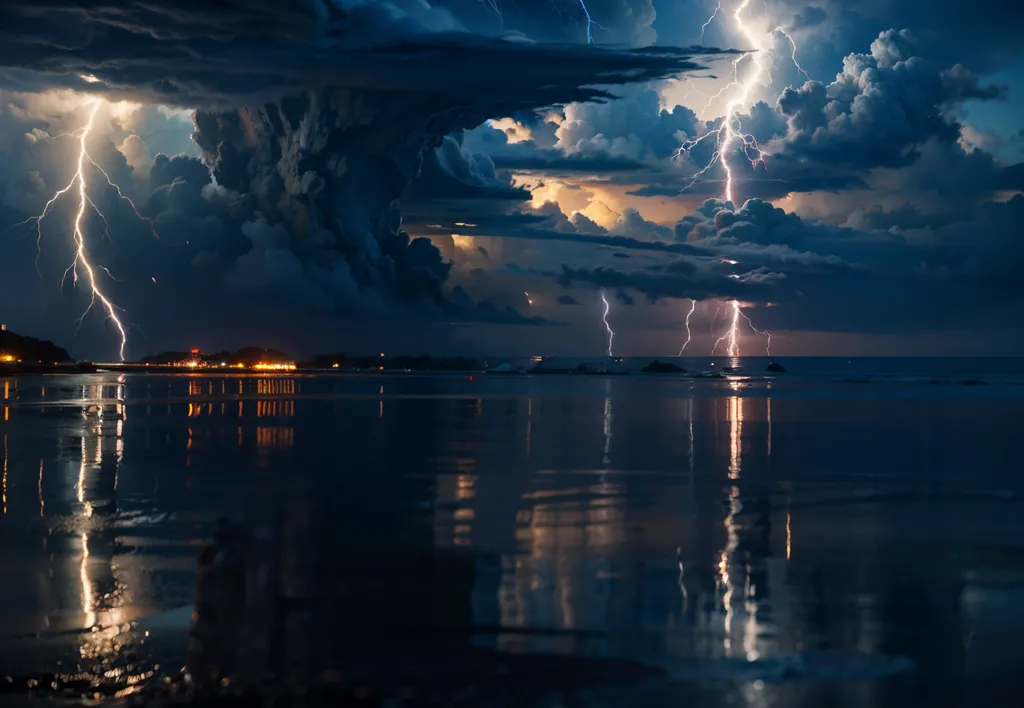 A dramatic scene of a lightning storm over the ocean. The dark clouds are filled with bright, jagged lightning bolts that illuminate the inky black water below. The waves are whipped into a frenzy by the wind, and the entire scene is one of wild, untamed power. The storm is in full force, and it is a sight to behold. The lightning is reflected on the surface of the water, creating a beautiful and awe-inspiring scene.