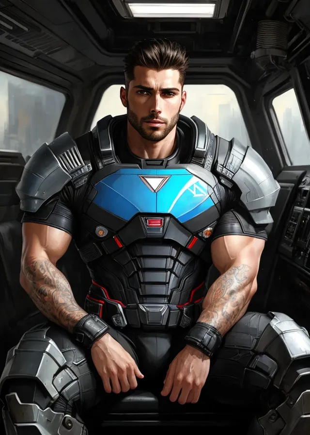 The image shows a man sitting in a futuristic vehicle. He is wearing a black and blue armored suit with a blue triangle on the chest plate. The suit has various lights and technological gadgets on it. The man has dark hair and blue eyes. He is muscular and has tattoos on his arms. He is looking at the camera with a serious expression.