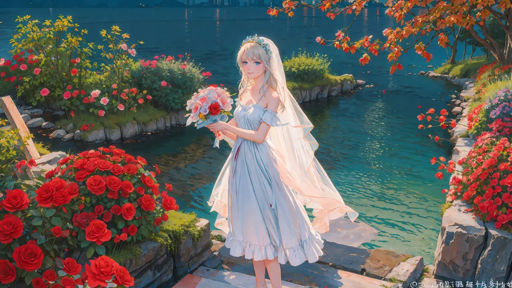 The image is a painting of a beautiful young woman in a white dress standing on a stone path next to a river. She is holding a bouquet of pink and white roses. The background is a lush green landscape with trees and flowers. The water in the river is a deep blue color and there are some rocks in the river. The sky is light blue and there are some clouds in the sky. The overall mood of the painting is peaceful and serene.