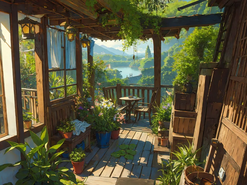 The image is a beautiful view of a house with a terrace full of plants. The house is made of wood and has a large balcony with a table and two chairs. The terrace is full of flowers and plants, and there is a small pond with a lily pad. The view from the terrace is of a river and mountains in the distance. The image is very peaceful and relaxing.