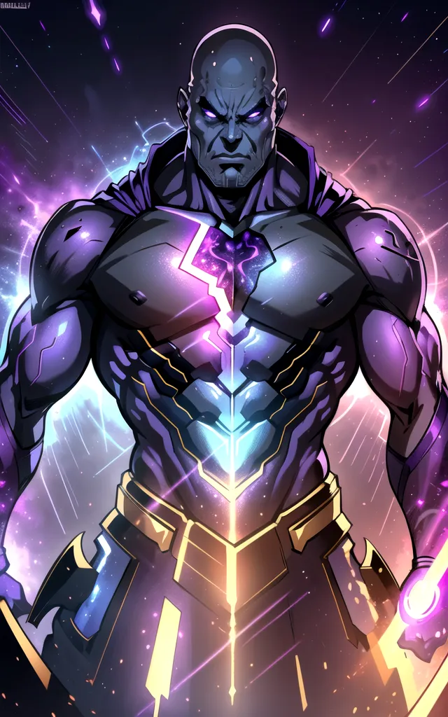 The image shows a muscular man with dark purple skin and a bald head. He is wearing a black and gold outfit with a purple cape. There is a glowing blue crystal embedded in his chest. He has a serious expression on his face and is looking at the viewer. There is a bright light in the background.