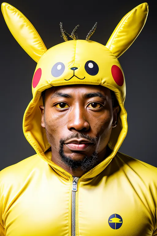 This image shows a young man wearing a yellow Pikachu hoodie. The man's eyes are yellow, and he is looking at the camera with a serious expression. The hoodie has a hood with two pointy ears, and a zipper in the front. The man's beard is short and well-groomed.