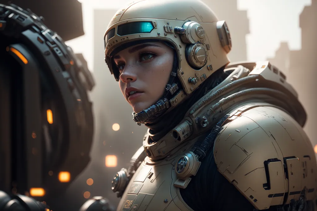 The image shows a young woman in a futuristic combat helmet. She is looking to the right of the frame, which is mostly filled with her face. She has brown eyes and brown hair. The helmet has a green visor and a number of technological details. She is wearing a tan and black armored suit with a number of technological details, including lights and wires. The background is out of focus and is made up of a large mechanical structure.