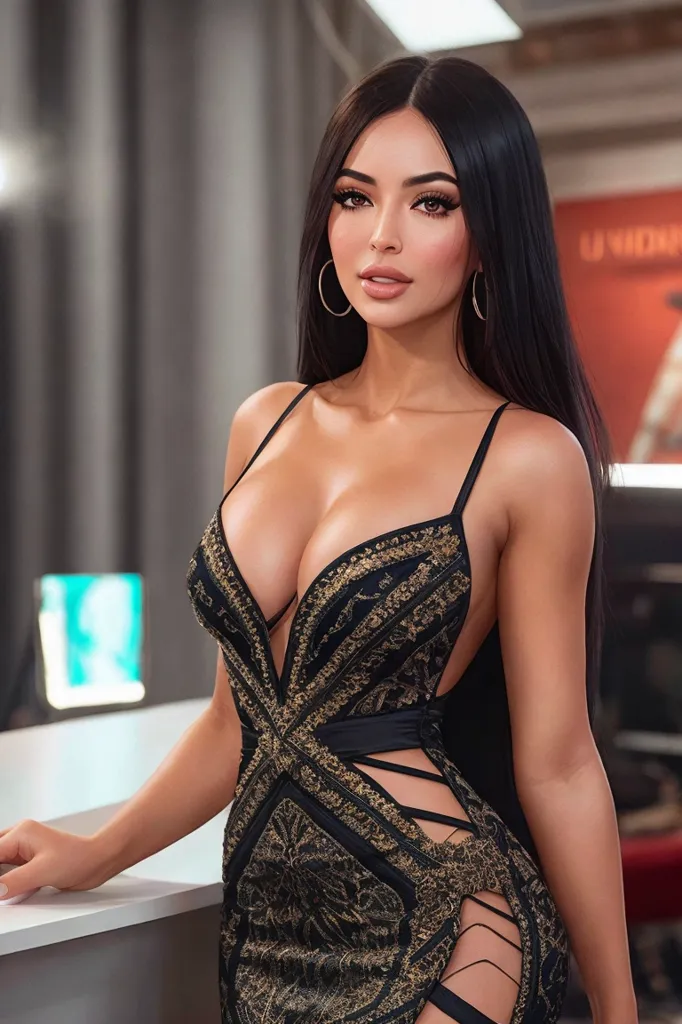 The image shows a beautiful woman with long, dark hair. She is wearing a black dress with a plunging neckline and a high slit. The dress is covered in gold embroidery. She is also wearing hoop earrings and a bracelet. Her makeup is flawless and she has a confident expression on her face. She is standing in front of a white background.