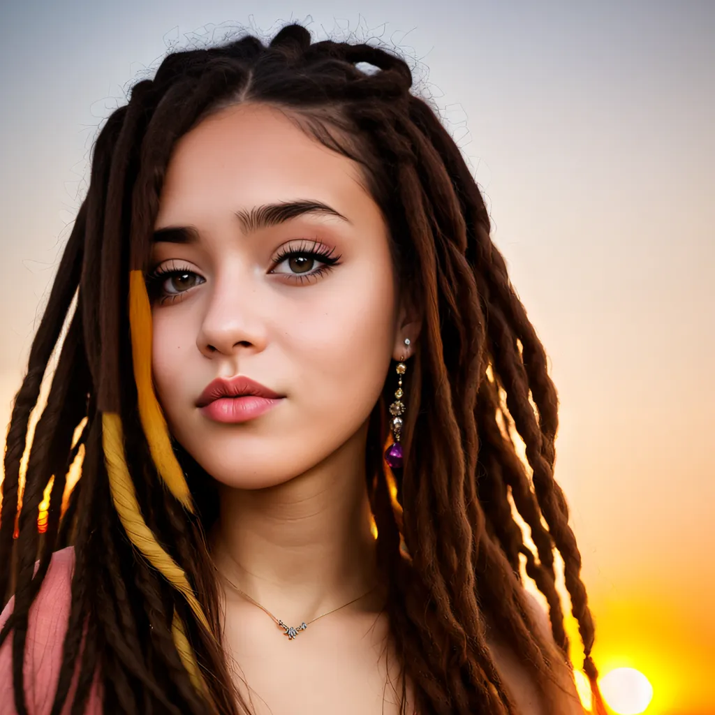 A foto mostra uma mulher jovem com cabelos longos e castanhos, penteados em dreadlocks. As dreadlocks são de um castanho escuro com alguns destaques amarelos. A mulher está usando uma maquiagem leve e está usando um colar e brincos. O fundo da foto é um pôr do sol desfocado em tons de amarelo e laranja.