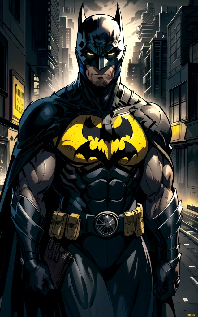 A imagem é uma pintura digital do Batman, um super-herói da DC Comics. Ele está em pé em um beco escuro, cercado por edifícios altos. Ele está usando um traje de morcego preto e amarelo, e seu capuz está puxado sobre o rosto. Ele está olhando para a esquerda do quadro, e sua expressão é de determinação. O fundo é escuro e sombrio, mas a luz dos postes de iluminação está brilhando sobre o Batman, fazendo-o se destacar. A imagem está cheia de detalhes, e o artista usou uma variedade de técnicas para criar uma imagem realista e dinâmica.