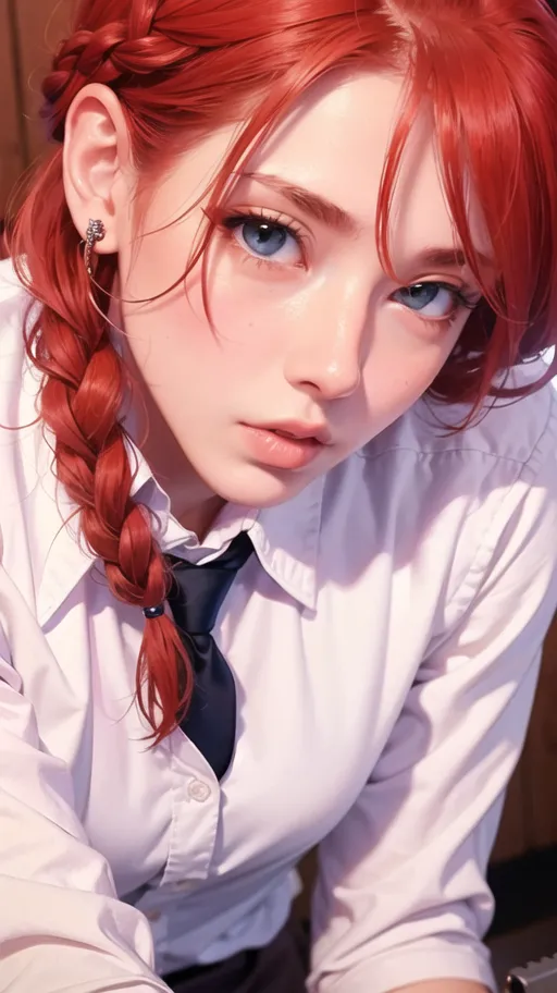 This is an image of a young woman with bright red hair. She is wearing a white dress shirt with a black necktie. The image is cropped so that only her head and shoulders are visible. The woman has blue eyes and a fair complexion. Her hair is long and braided, and she is wearing a small earring in her left ear. The image is drawn in a realistic style, and the woman's expression is serious and thoughtful.