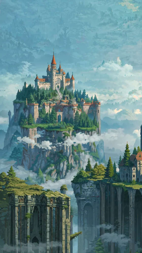The image is of a castle on a cliff. The castle is made of gray stone and has a large tower in the center. There are smaller towers on either side of the central tower. The castle is surrounded by trees and there are clouds in the sky. There is a large chasm in front of the castle with a small bridge going over it. There are two smaller buildings on either side of the chasm.