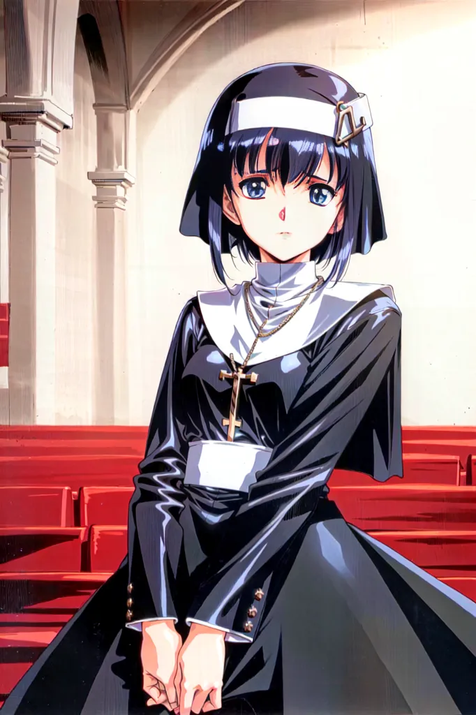 The image is of a young woman dressed as a nun. She is standing in a church, with red pews behind her. The nun is wearing a black habit with a white collar. She has short blue hair and blue eyes. She is looking at the viewer with a slightly sad expression.