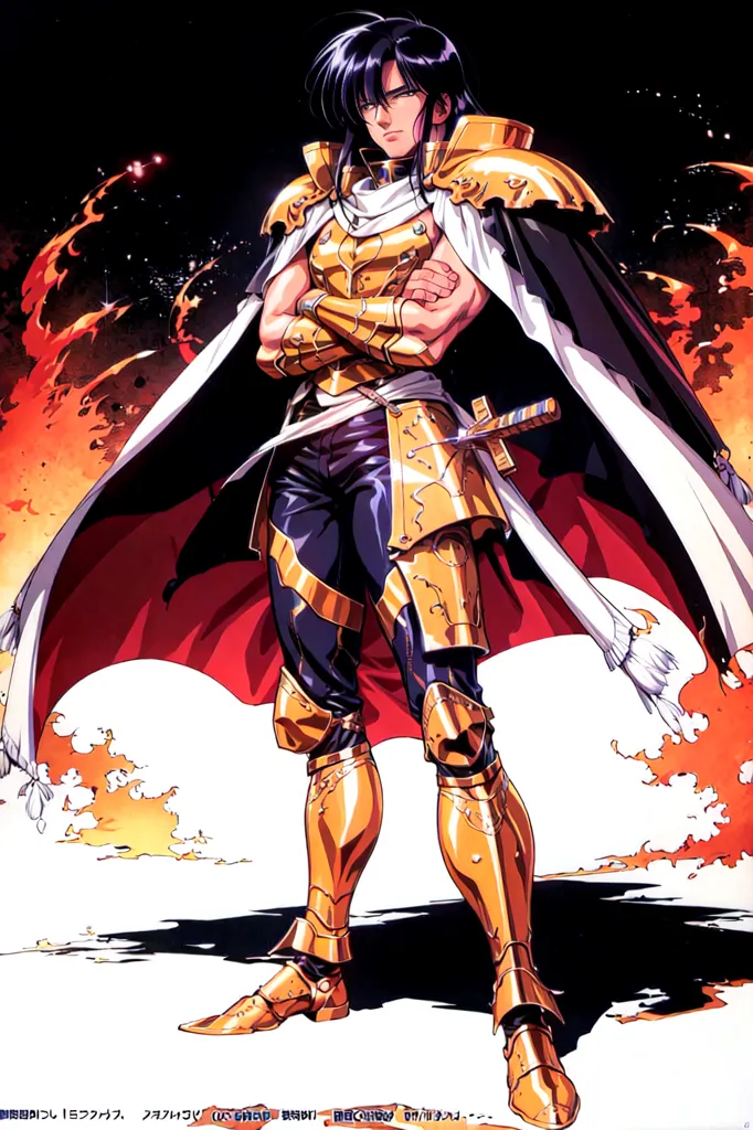 This is an illustration of a man with long black hair wearing golden armor and a red cape. He has a serious expression on his face and is looking at the viewer with his arms crossed. There are flames in the background.