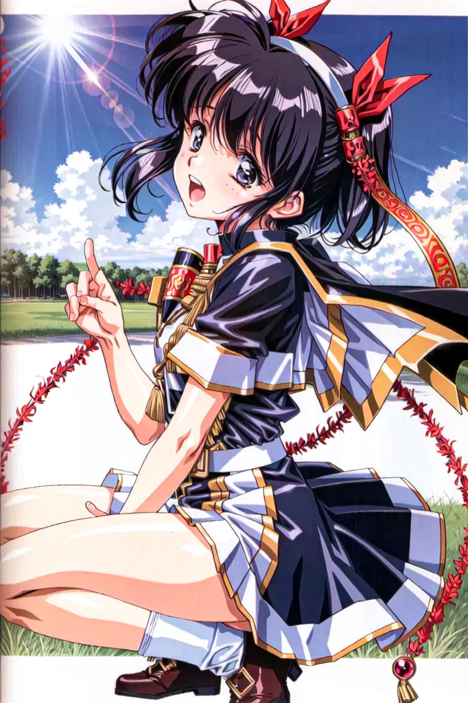 The image shows a young girl with long black hair and blue eyes. She is wearing a black and white military-style outfit with a red sash and a red bow in her hair. She is kneeling on the ground with one hand raised in the air, pointing with her index finger. In the background is a green field with a blue sky and white clouds.