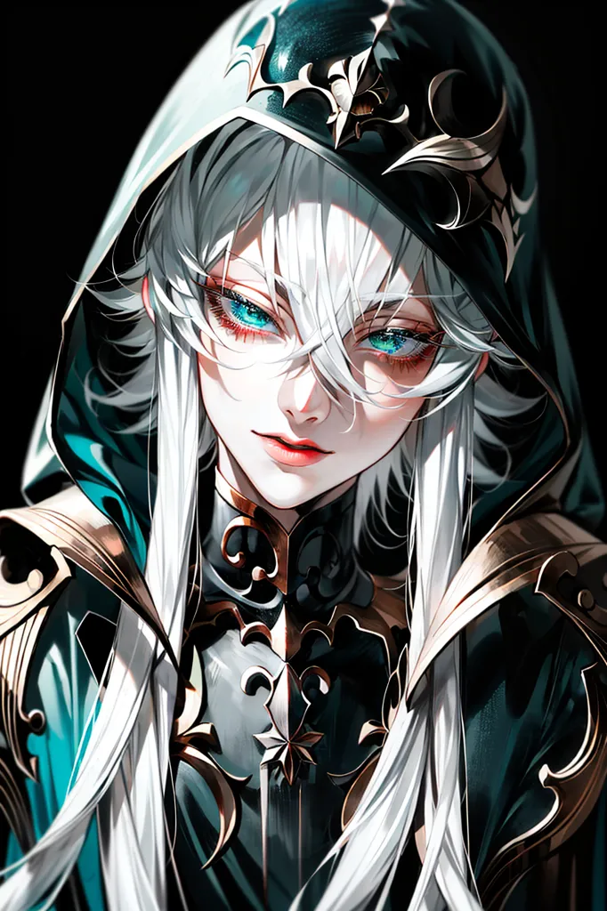 The image is a portrait of a beautiful woman with long white hair and red eyes. She is wearing a dark green hood with gold trim and a white dress with a green sash. The woman has a serene expression on her face and is looking at the viewer with her red eyes. The background is dark with a spotlight on the woman.