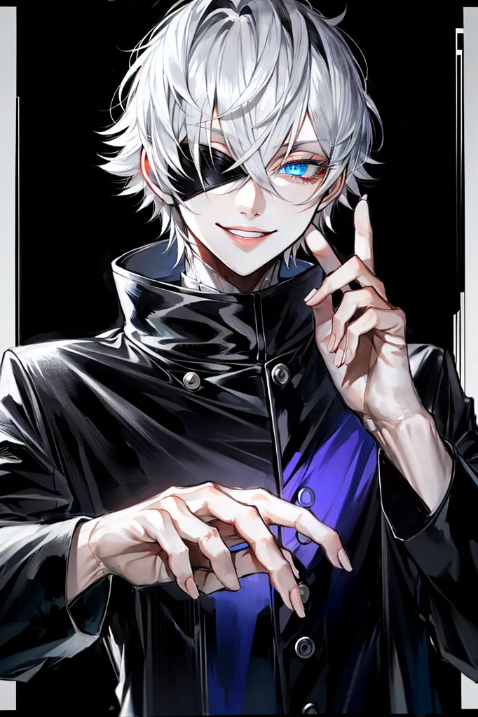 The image is of a young man with white hair and blue eyes. He is wearing a black leather jacket and a white shirt. He has an eyepatch over his left eye and a finger raised to his lips in a shushing gesture. He has a small smile on his face.