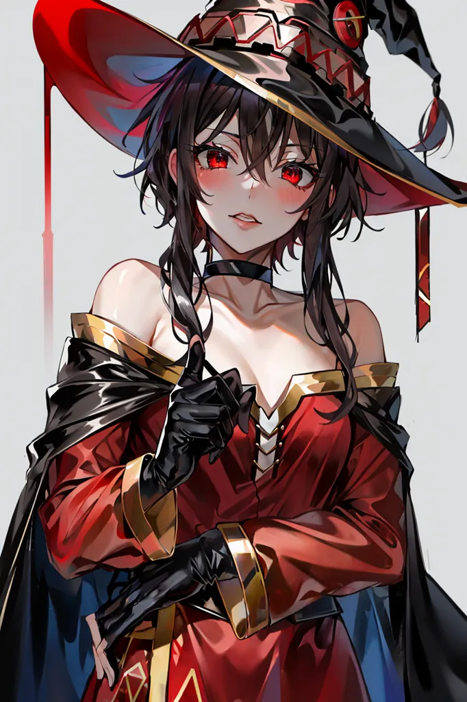 The image is of a young woman with long black hair and red eyes. She is wearing a red and black witch's hat and a red dress with a white collar. She has a black choker around her neck and is wearing black gloves. She is pointing at the viewer with her right hand. She has a smug expression on her face.