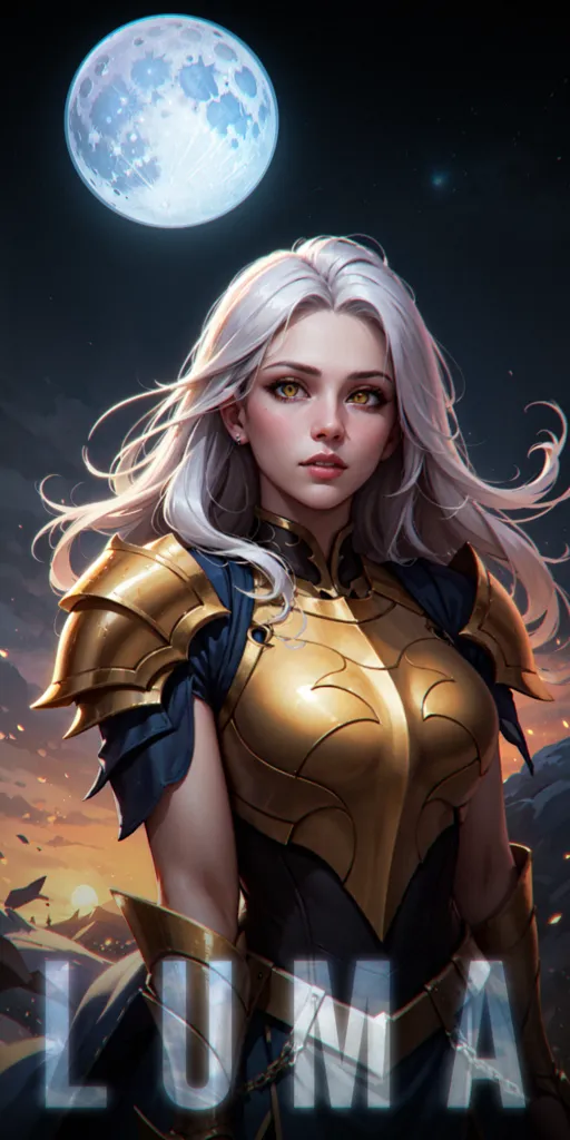 This is an image of a woman with long white hair and golden eyes. She is wearing a golden breastplate with a blue sash and dark blue sleeves. She is standing in front of a large moon, with a fiery orange sky behind her. Her expression is serious and determined. She is likely a warrior or adventurer of some kind.