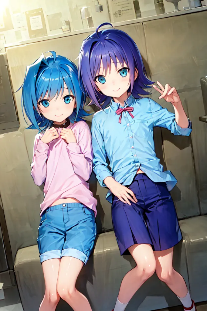 This image depicts two young girls sitting on a bench. The girl on the left has short blue hair and blue eyes, and she is wearing a pink shirt and blue shorts. She is looking at the viewer with a shy expression. The girl on the right has long purple hair and blue eyes, and she is wearing a blue shirt and purple shorts. She is making a peace sign with her right hand and has a cheerful expression on her face. The background of the image is a blurred light blue color.