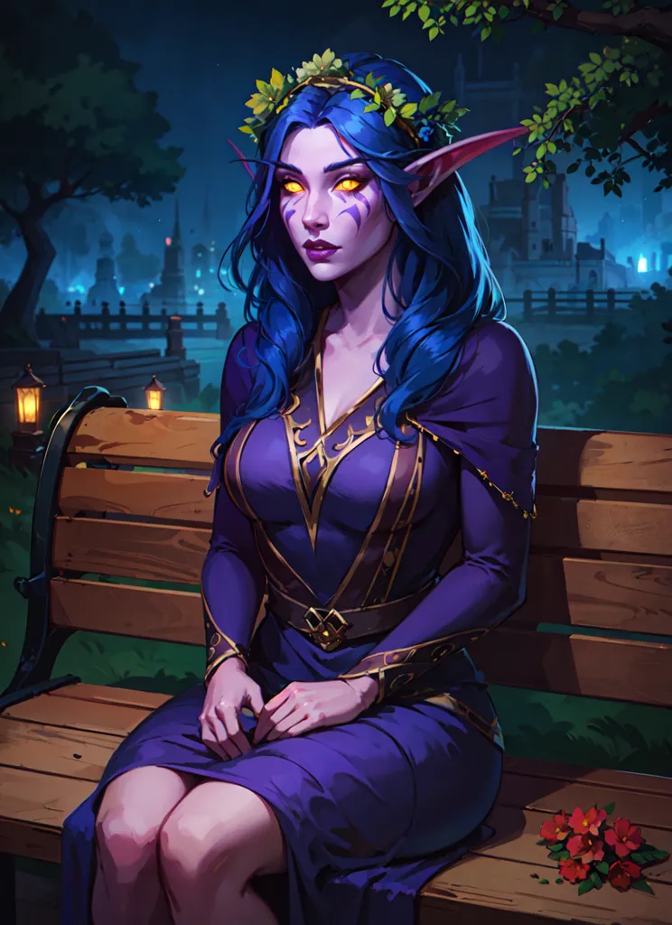 The picture shows a night elf female with blue skin and long blue hair sitting on a park bench. She is wearing a purple dress with gold trim and has a wreath of green leaves on her head. There is a city in the background and a tree with red flowers next to the bench.