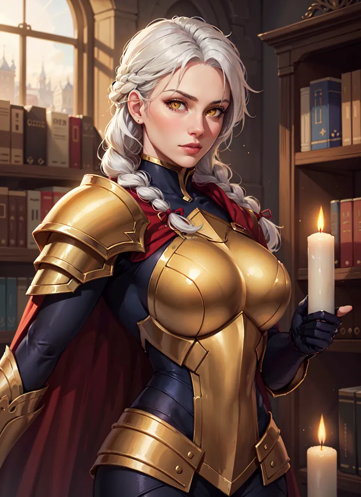 The image is of a woman in a golden armor with a red cape. She is standing in a library, holding a candle. She has long white hair and yellow eyes. She is looking at the viewer with a serious expression.