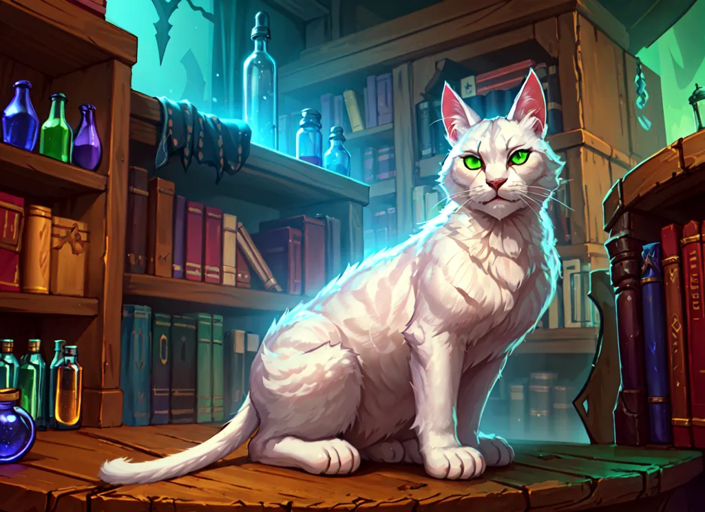 This is a picture of a white cat sitting on a wooden table in a library. The cat has green eyes and is looking at the viewer. There are bookshelves on all sides of the room and a variety of potions and magical items on the shelves. The cat is sitting on a stack of books.