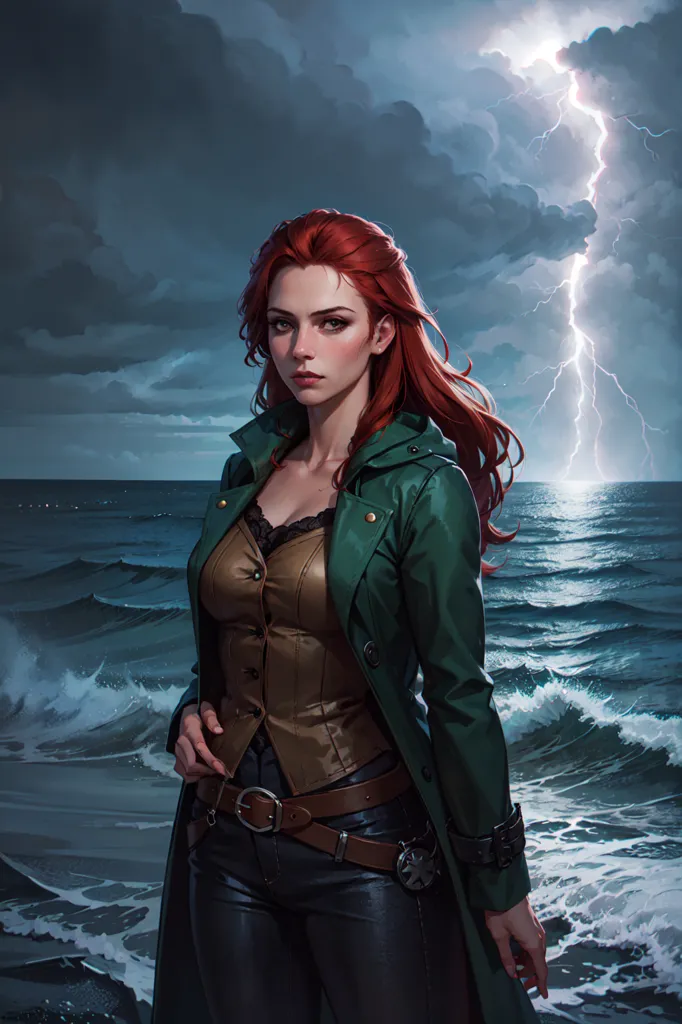 The image shows a woman standing on the deck of a ship. She is wearing a green coat and a brown vest. She has long red hair and green eyes. The sea is rough and there is a lightning storm in the background. The woman is looking at the storm with a determined expression.