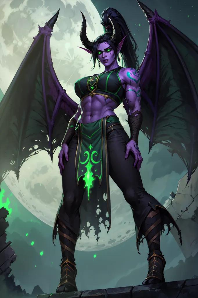 La imagen muestra a una demonia femenina musculosa con piel verde y cabello negro. Lleva un atuendo negro y verde, y tiene grandes alas negras. Está de pie sobre una plataforma de piedra con una luna grande al fondo. La demonia mira al espectador con una expresión confiada.