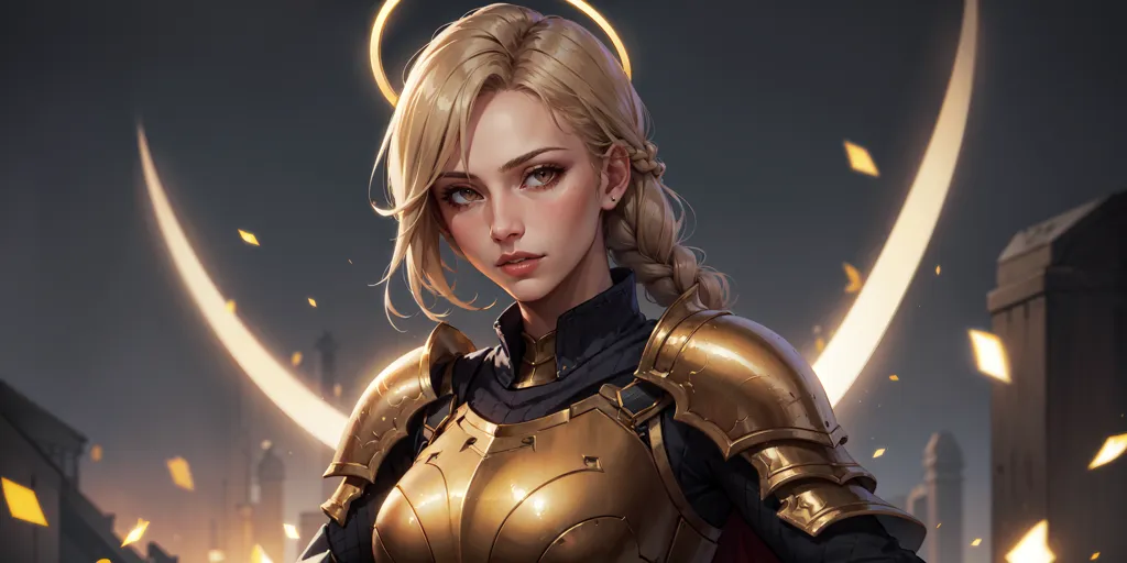 The image is of a beautiful young woman with long blonde hair and blue eyes. She is wearing a golden breastplate and a red cape. She has a halo above her head and is surrounded by a soft light. She is standing in front of a dark background with two curved glowing yellow lines on either side of her.