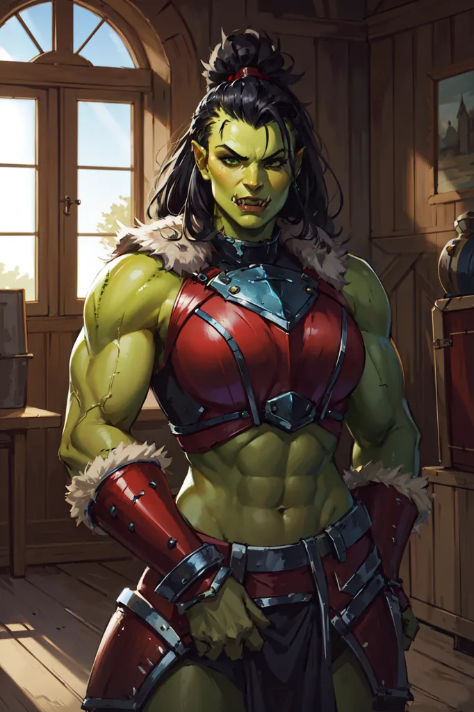 The image is of a muscular green-skinned orc woman with long black hair tied in a bun. She is wearing a red and brown outfit with metal shoulder pads and a belt. She has a confident expression on her face and is standing in a relaxed pose. The background is a wooden room with a window and a shelf.