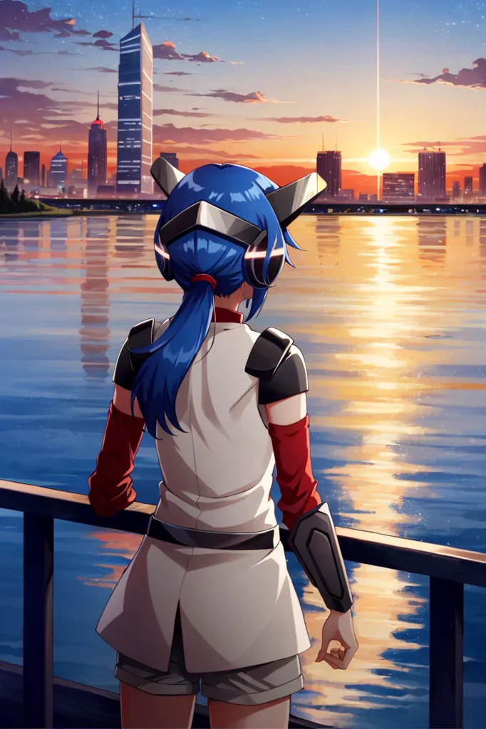 The picture shows a girl standing on a bridge, looking at the cityscape. The girl is wearing a white shirt, red sleeves, and a blue skirt. She has blue hair and blue eyes. The city is in the background, with tall buildings and a river running through it. The sun is setting, and the sky is a gradient of orange and yellow.