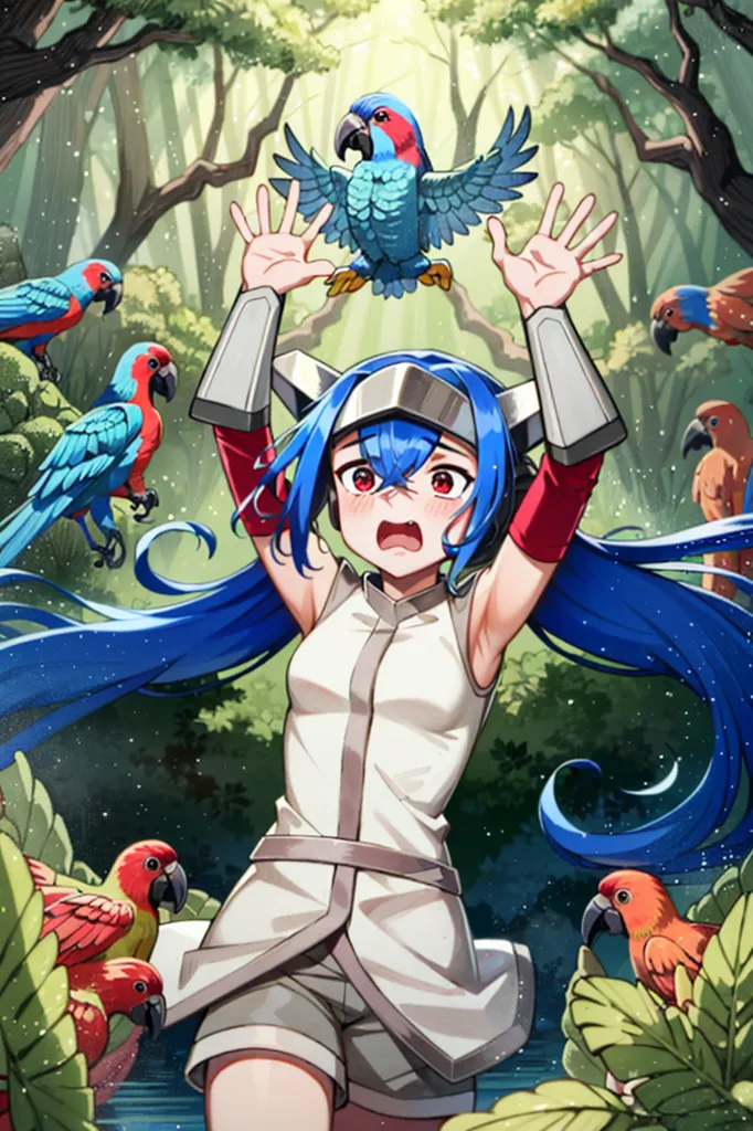 Cette image représente une jeune fille d'anime vêtue d'un costume blanc et gris, debout dans une forêt luxuriante avec une expression surprise sur le visage. Elle a les cheveux bleus et les yeux rouges, et porte un casque avec des oreilles de chat. Elle est entourée de perroquets colorés, dont certains sont perchés sur ses bras. En arrière-plan, on peut voir de grands arbres verts et une rivière bleue.