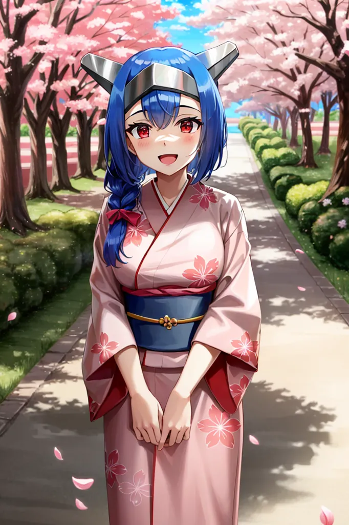 The image is a portrait of a young woman with blue hair and red eyes. She is wearing a pink kimono with a white obi and has a cherry blossom hairpin in her hair. She is standing in a park with cherry blossom trees in the background. The image is drawn in a realistic style and the colors are vibrant and bright. The woman's expression is happy and carefree. She is looking at the viewer with a smile on her face.